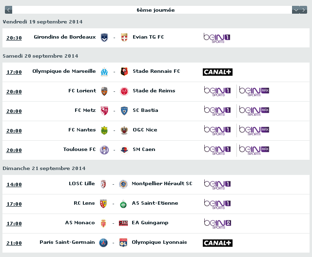 Programme 6ème journée, LFP