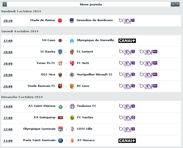 programme 9ème journée L1